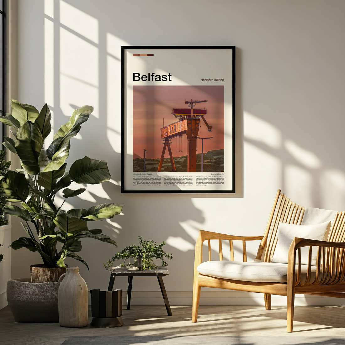 Belfast Shipyard Crane Travel Print framed on a pale wall beside houseplants