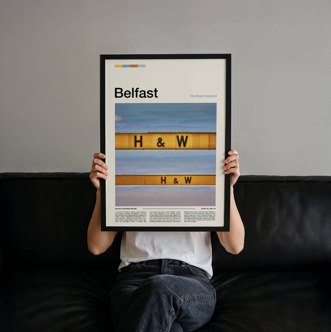 Belfast Harland And Wolff Crane Travel Print held up by hand to show the size of the print