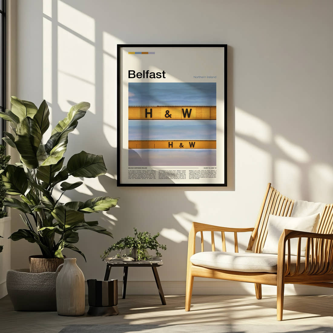 Belfast Harland And Wolff Crane Travel Print framed on a pale wall beside houseplants