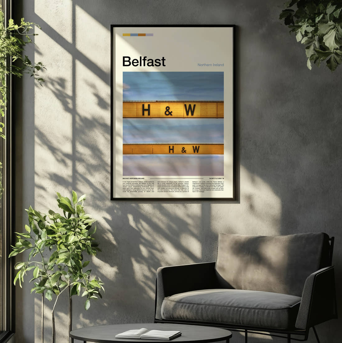 Belfast Harland And Wolff Crane Travel Print framed on the wall of a relaxed living room