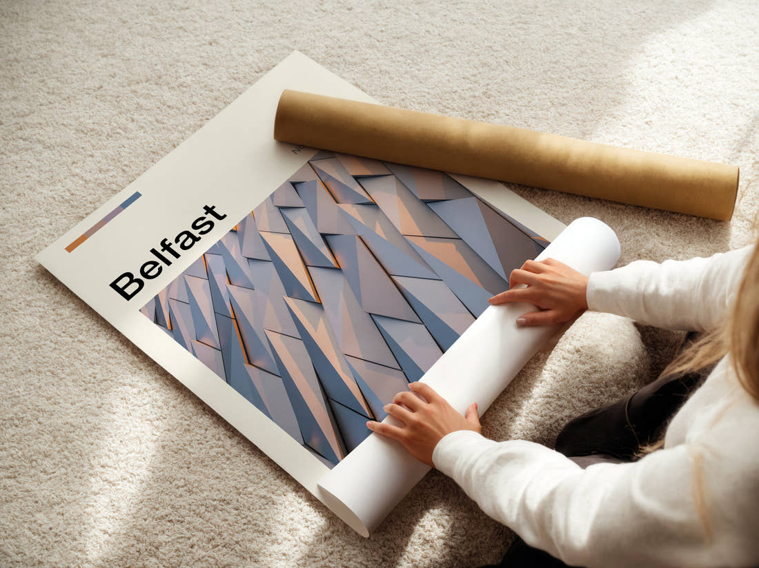 Belfast Silver Angular Facade Travel Print being unrolled from its postal tube
