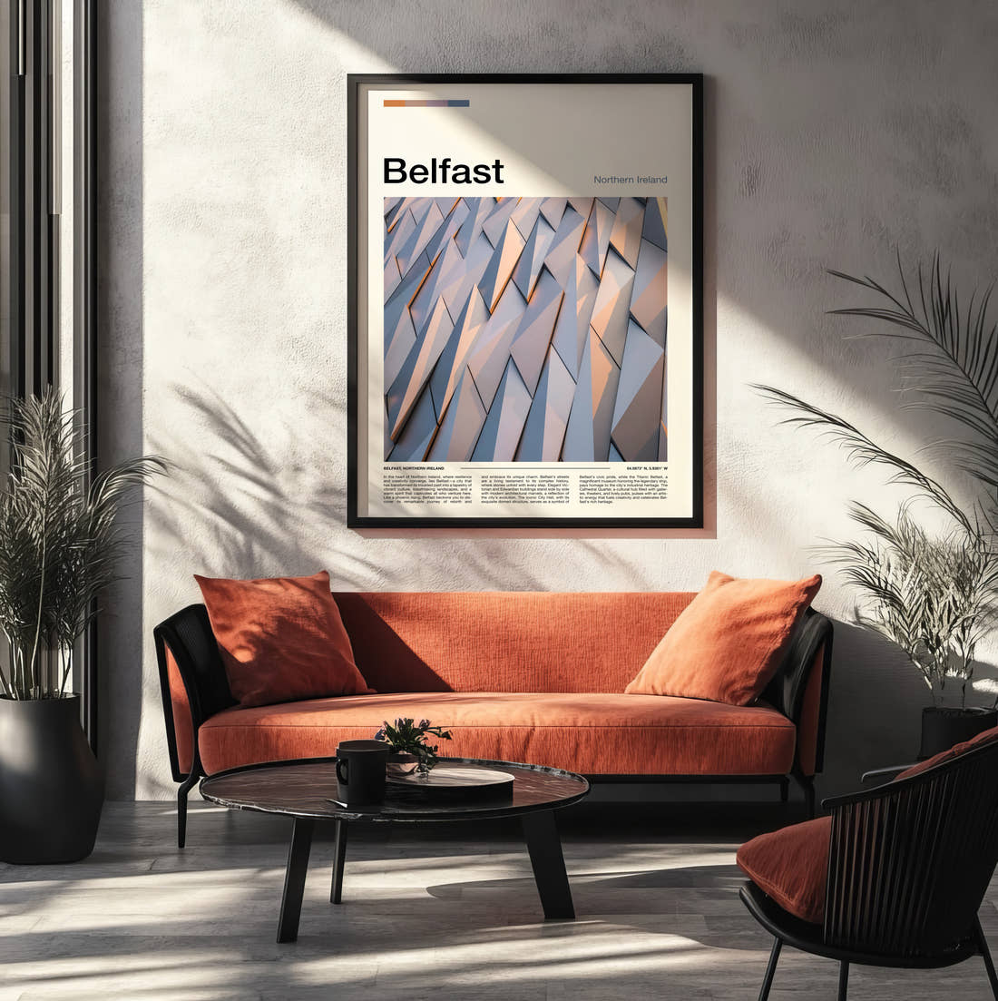 Belfast Silver Angular Facade Travel Print framed on the wall of a modern living room