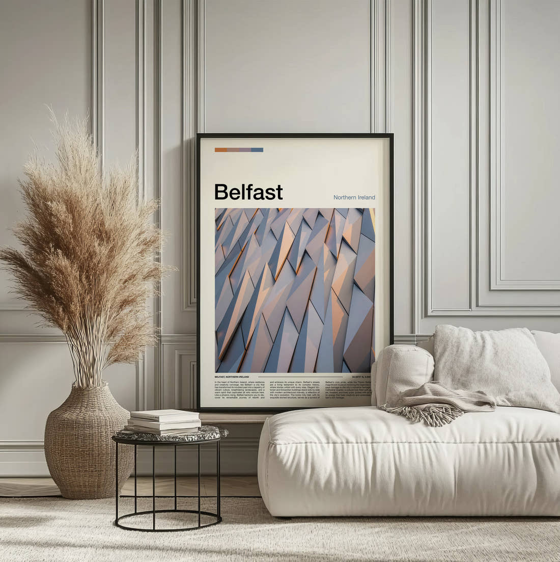Belfast Silver Angular Facade Travel Print framed on the wall of a calm, neutral bedroom