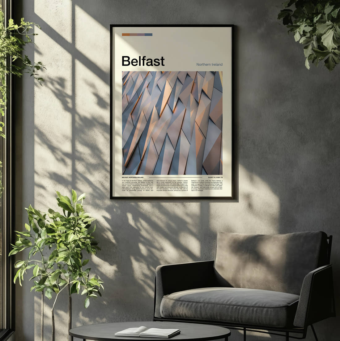 Belfast Silver Angular Facade Travel Print framed on the wall of a relaxed living room