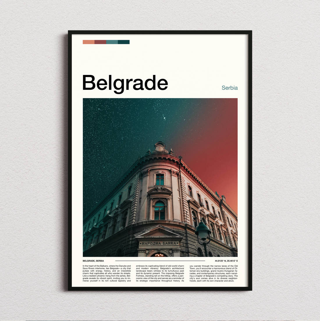 Belgrade National Bank Building Travel Print framed and photographed straight on