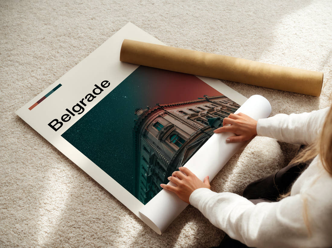 Belgrade National Bank Building Travel Print being unrolled from its postal tube