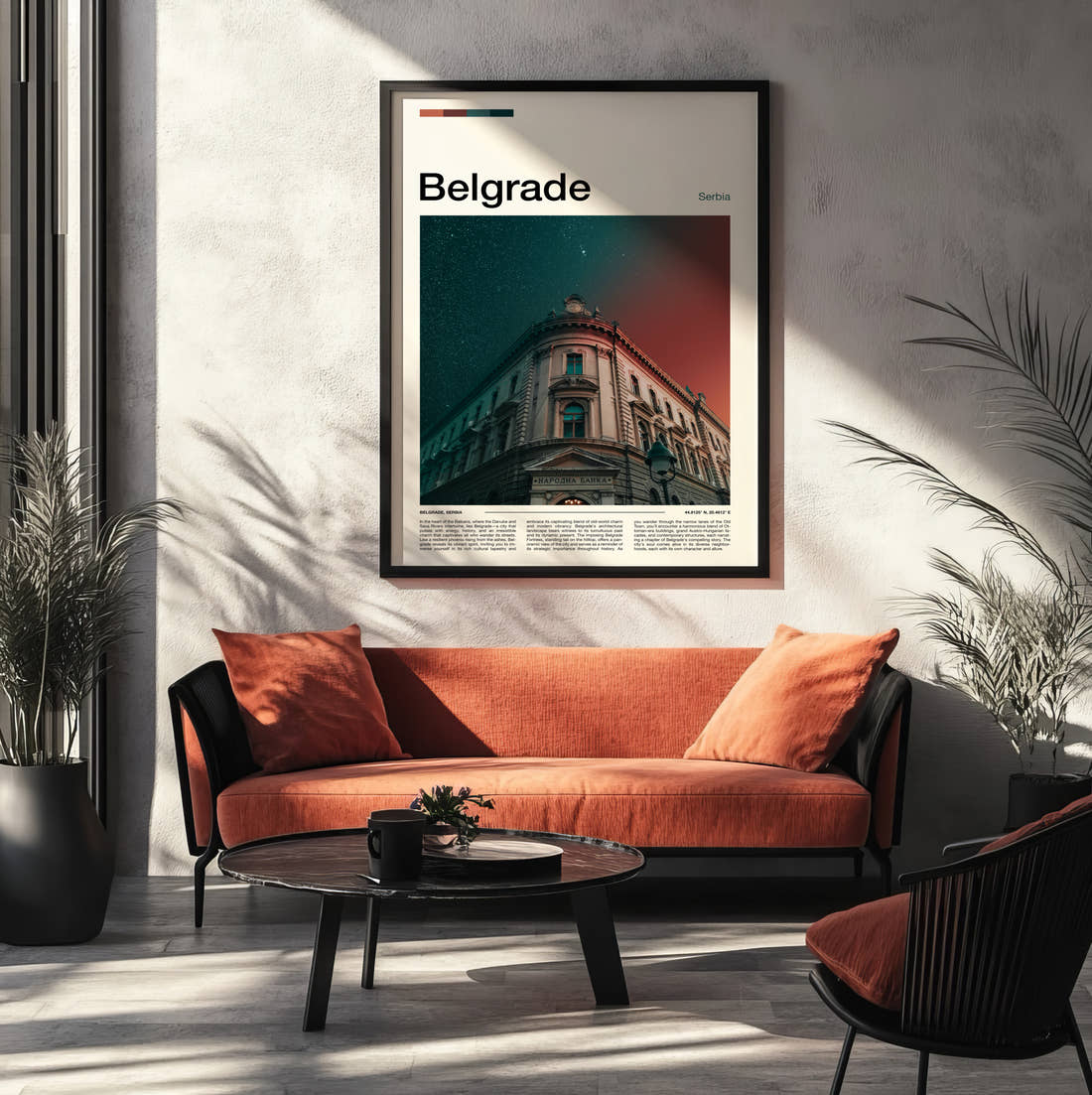 Belgrade National Bank Building Travel Print framed on the wall of a modern living room