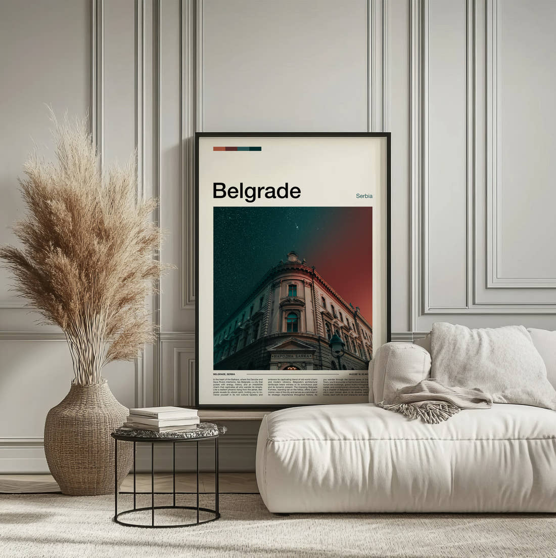 Belgrade National Bank Building Travel Print framed on the wall of a calm, neutral bedroom
