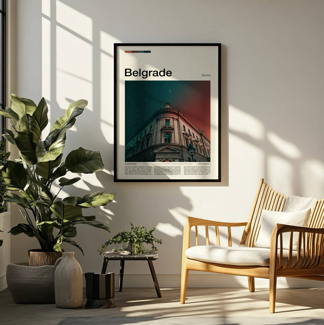 Belgrade National Bank Building Travel Print framed on a pale wall beside houseplants