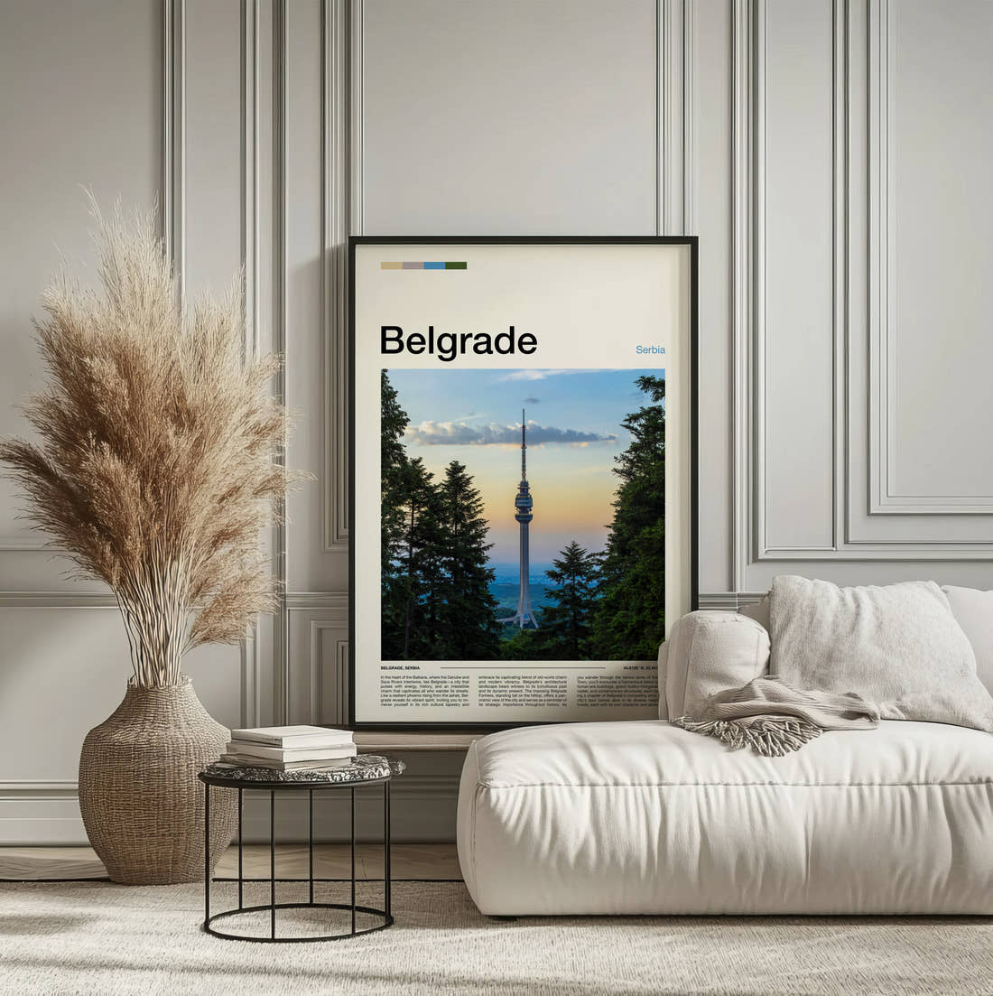 Belgrade Avala Tower Travel Print framed on the wall of a calm, neutral bedroom