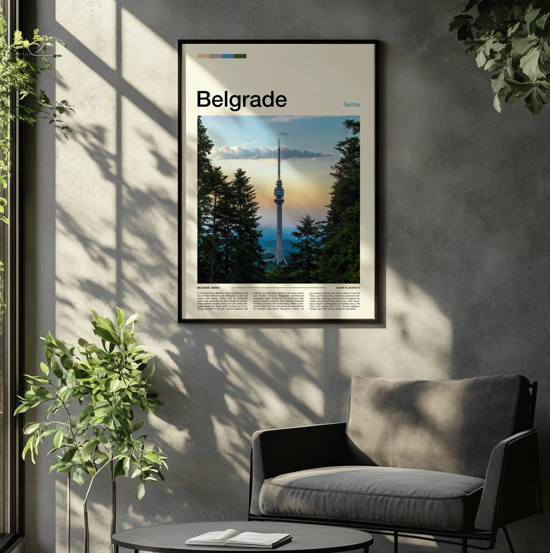 Belgrade Avala Tower Travel Print framed on the wall of a relaxed living room