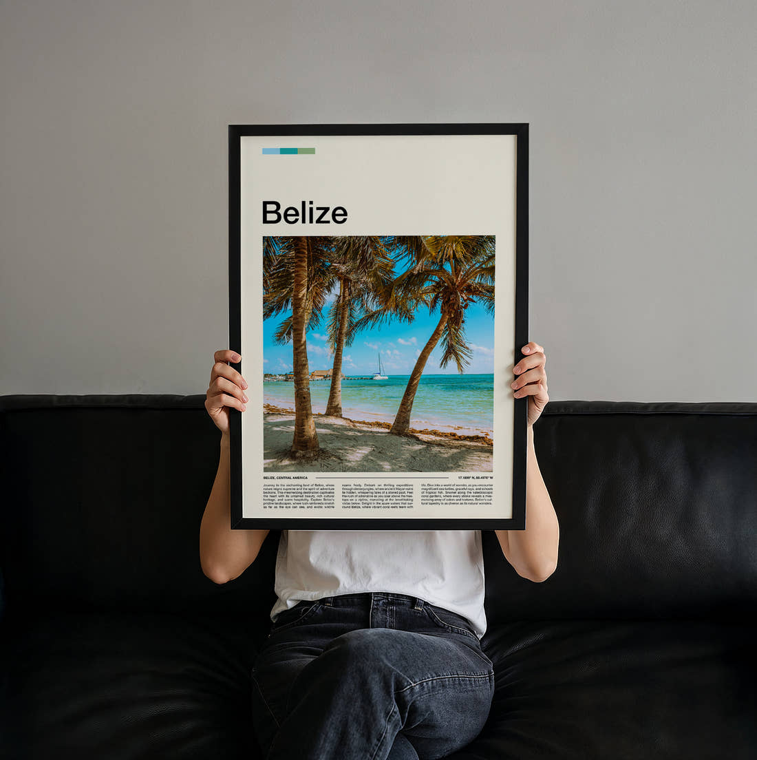 Belize Palms Over White Sand Travel Print held up by hand to show the size of the print