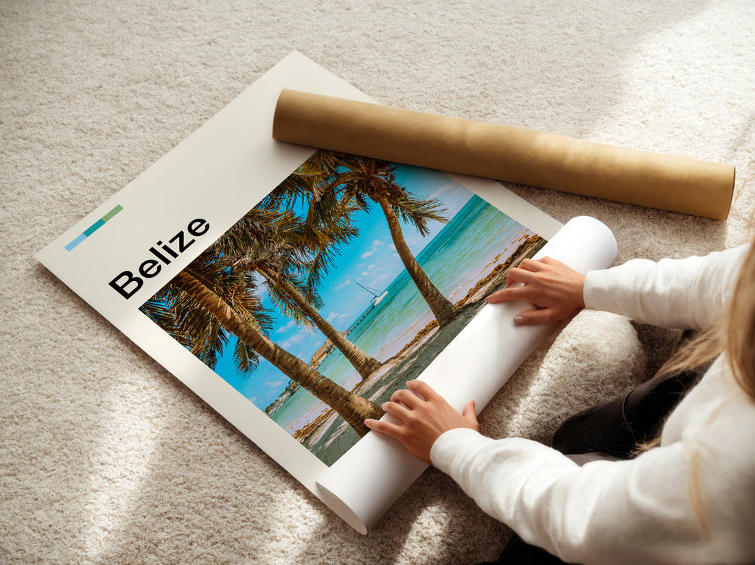 Belize Palms Over White Sand Travel Print being unrolled from its postal tube