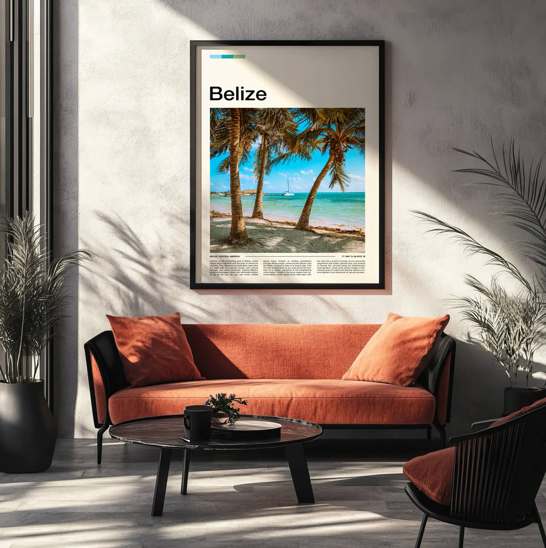 Belize Palms Over White Sand Travel Print framed on the wall of a modern living room
