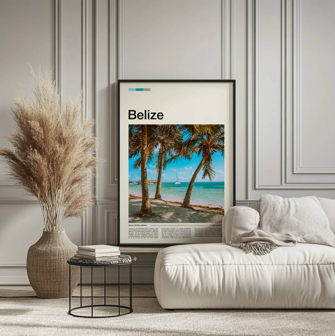 Belize Palms Over White Sand Travel Print framed on the wall of a calm, neutral bedroom