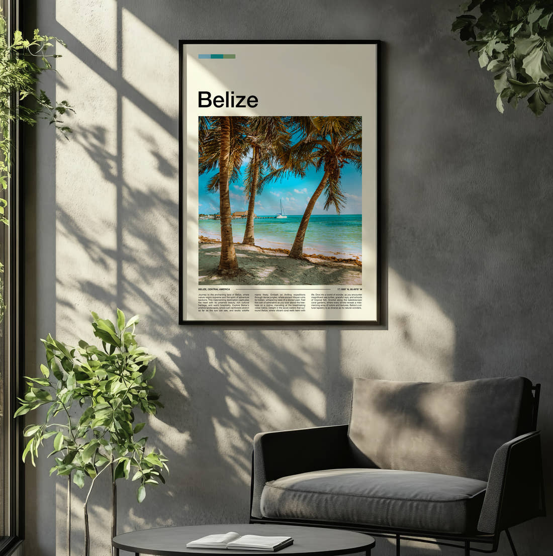 Belize Palms Over White Sand Travel Print framed on the wall of a relaxed living room