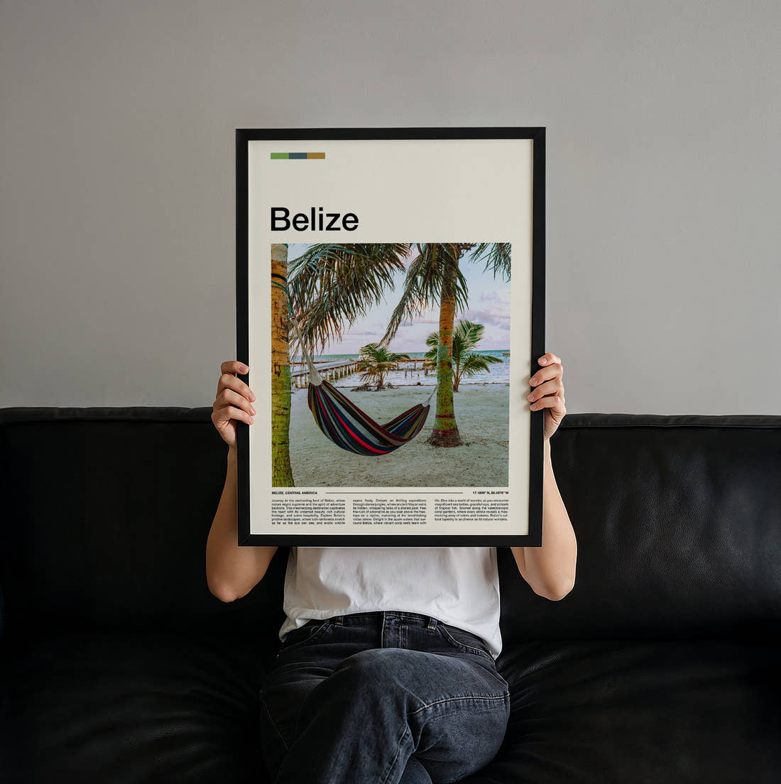 Belize Hammock Between Palm Trees Travel Print held up by hand to show the size of the print