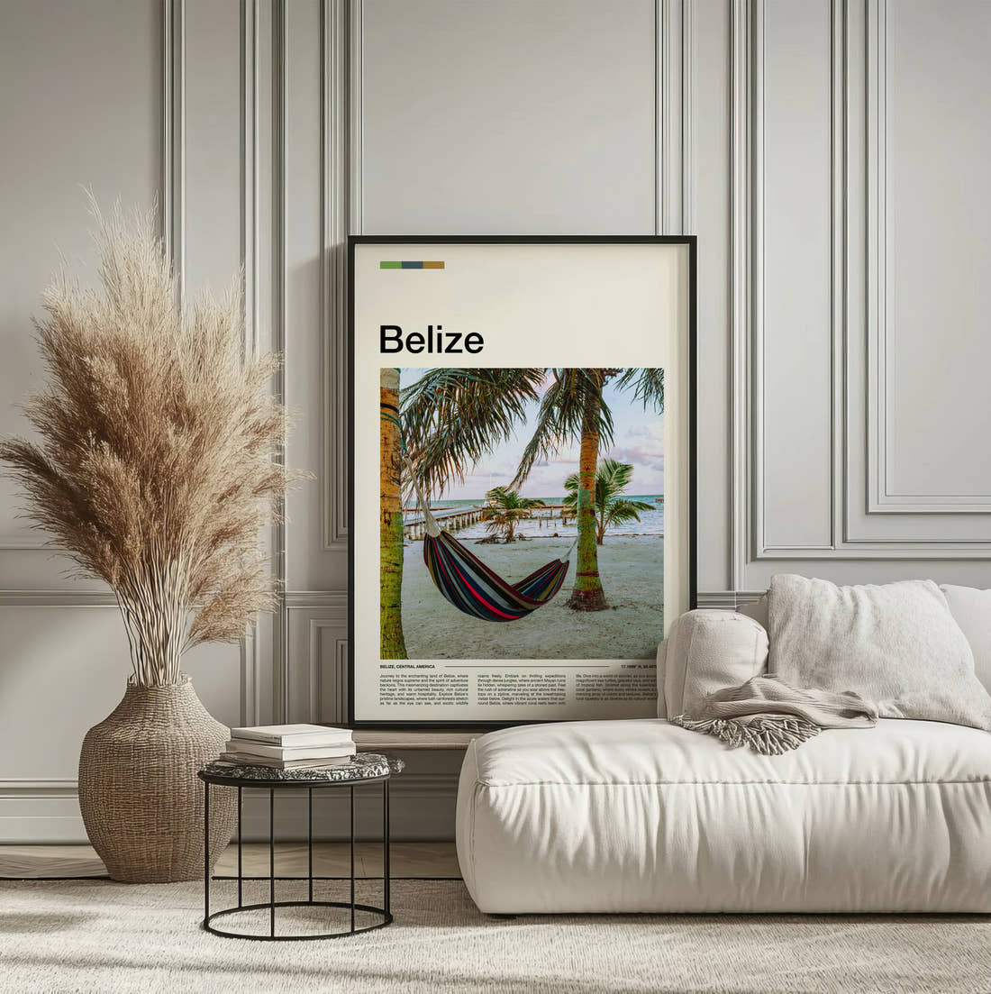 Belize Hammock Between Palm Trees Travel Print framed on the wall of a calm, neutral bedroom