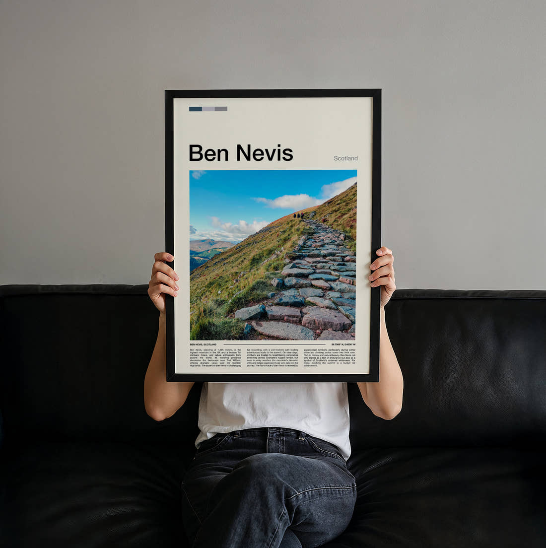 Ben Nevis Stone Mountain Path Travel Print held up by hand to show the size of the print