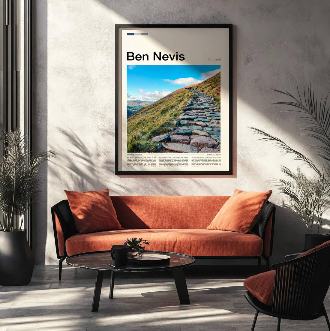 Ben Nevis Stone Mountain Path Travel Print framed on the wall of a modern living room