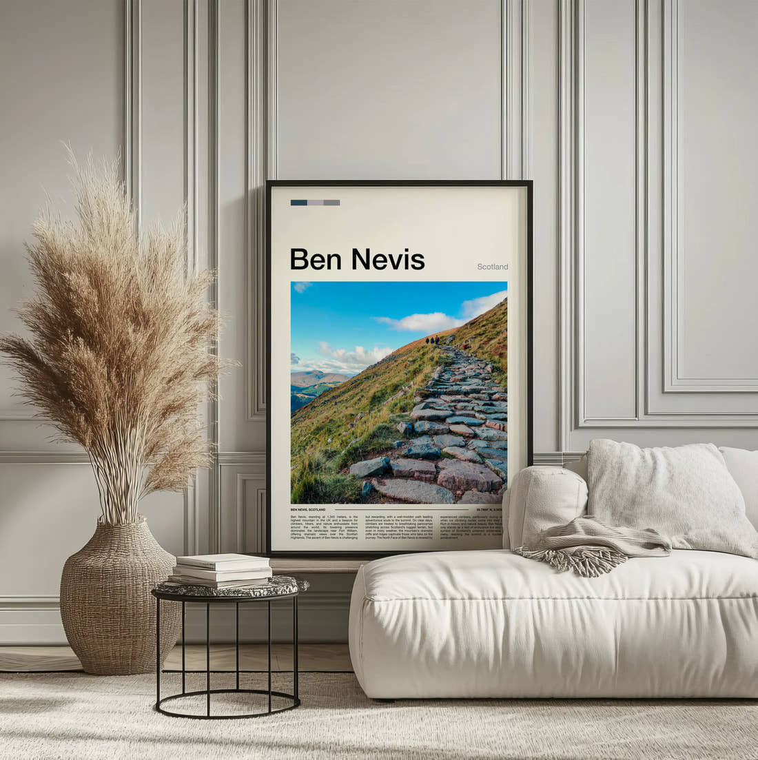 Ben Nevis Stone Mountain Path Travel Print framed on the wall of a calm, neutral bedroom