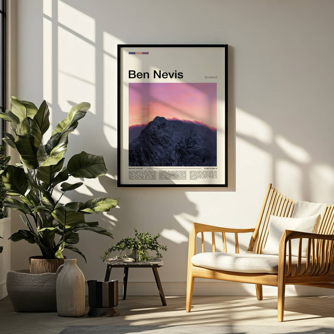 Ben Nevis Pink Sky Over Peak Travel Print framed on a pale wall beside houseplants