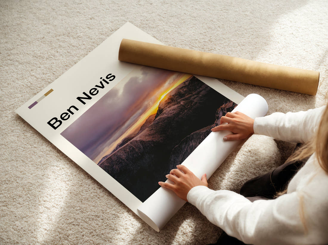Ben Nevis Sunset Over Mountains Travel Print being unrolled from its postal tube