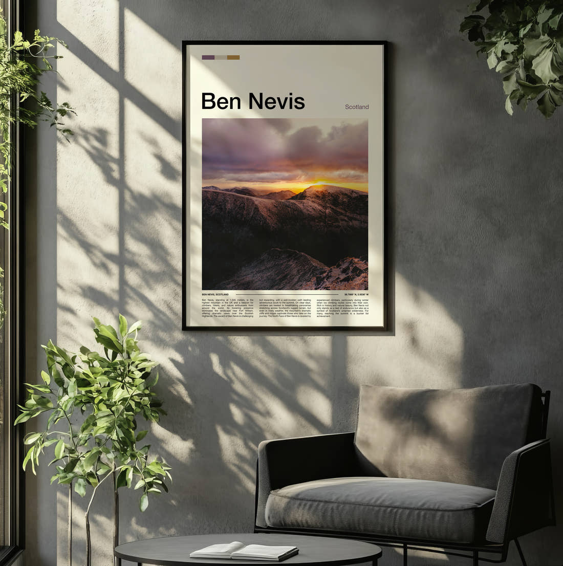 Ben Nevis Sunset Over Mountains Travel Print framed on the wall of a relaxed living room