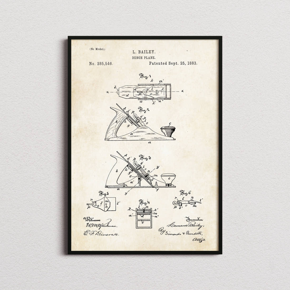 Bench Plane Patent Print in the aged paper colourway, framed