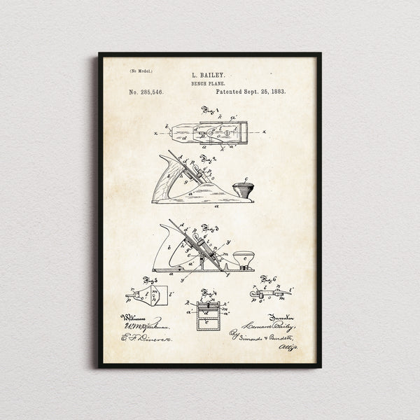 Bench Plane Patent Print in the aged paper colourway, framed