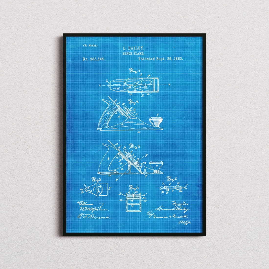 Bench Plane Patent Print in the blueprint colourway, framed