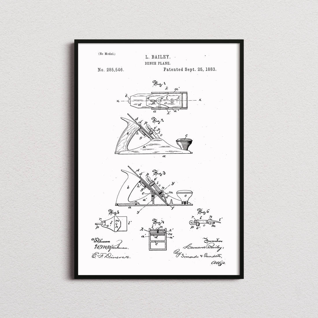 Bench Plane Patent Print in the white colourway, framed