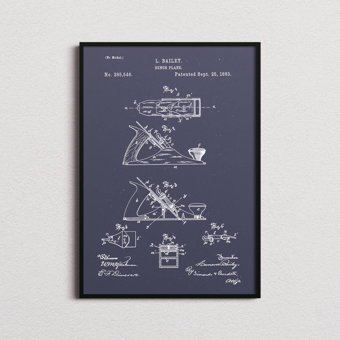 Bench Plane Patent Print in the navy colourway, framed
