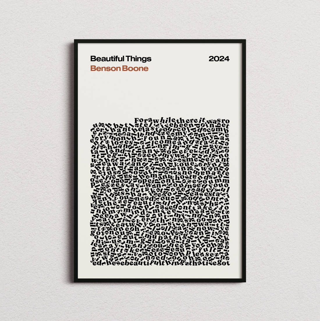 Benson Boone Beautiful Things Lyric Print in the cream colourway, framed