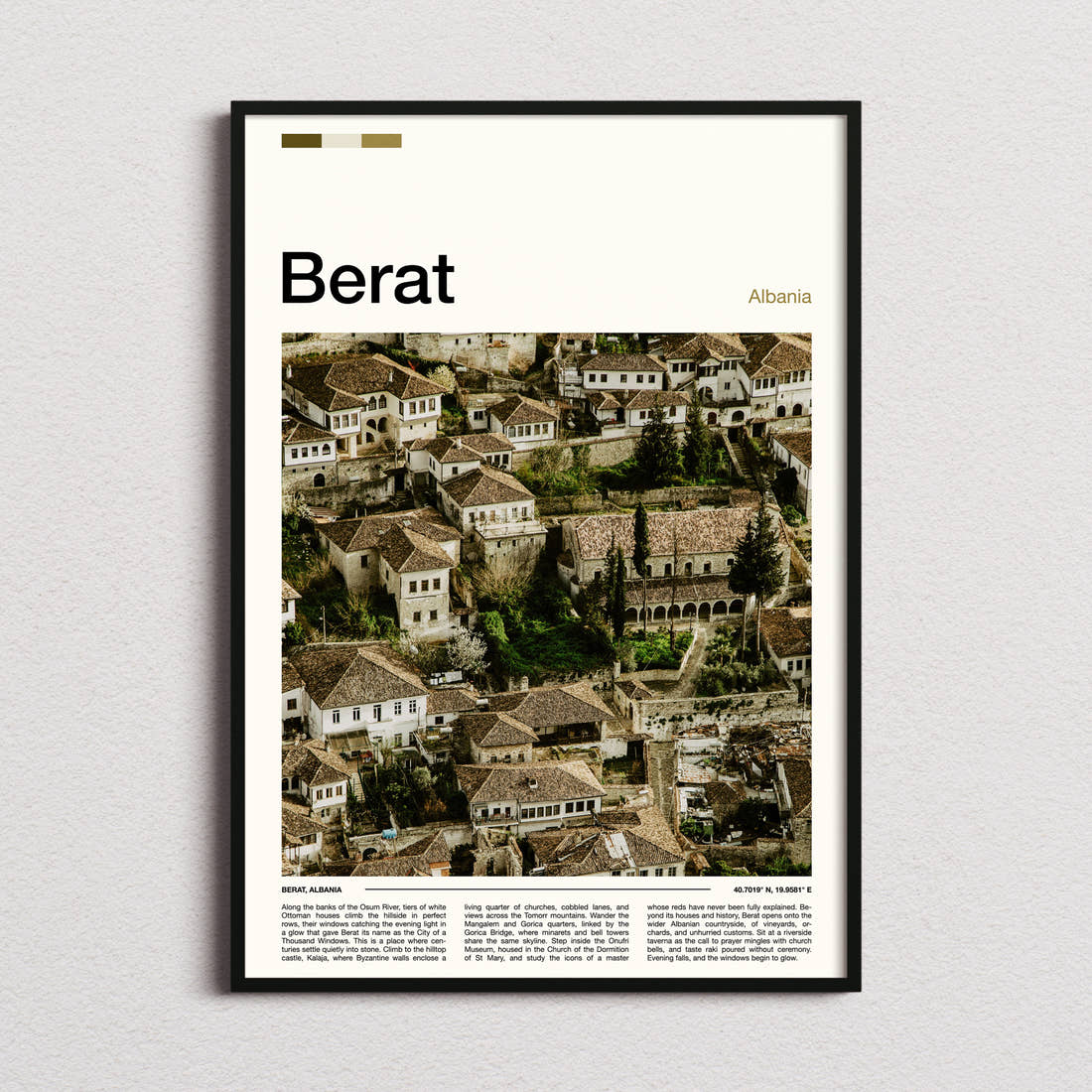 Berat Ottoman Rooftops View Travel Print framed and photographed straight on