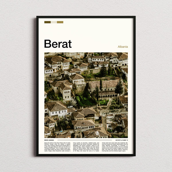 Berat Ottoman Rooftops View Travel Print framed and photographed straight on