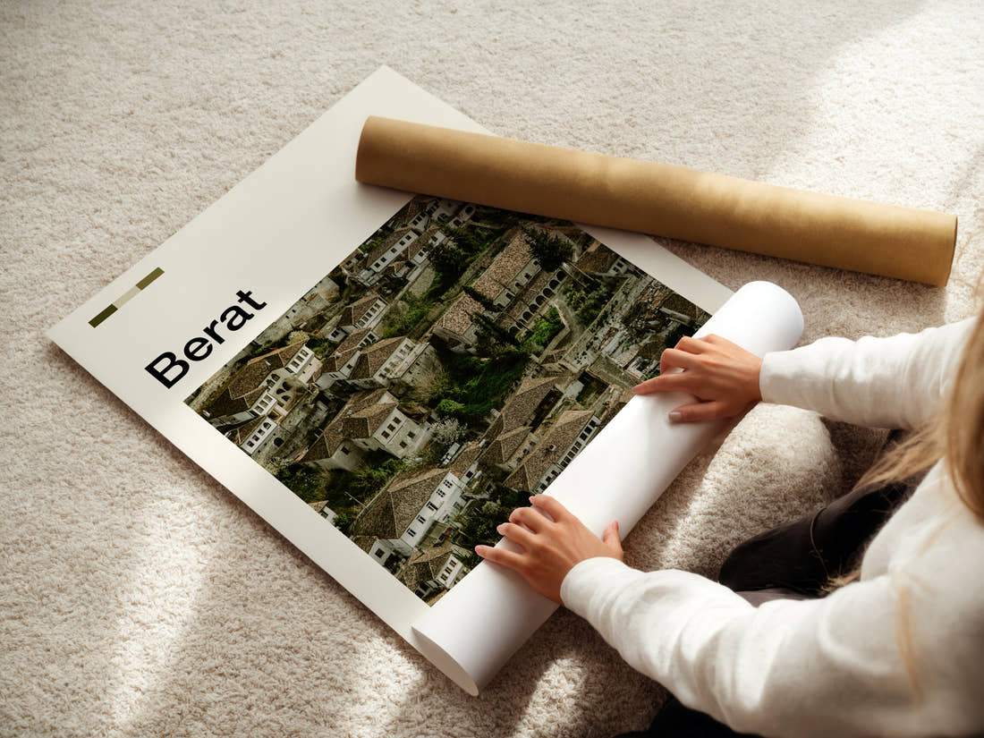 Berat Ottoman Rooftops View Travel Print being unrolled from its postal tube