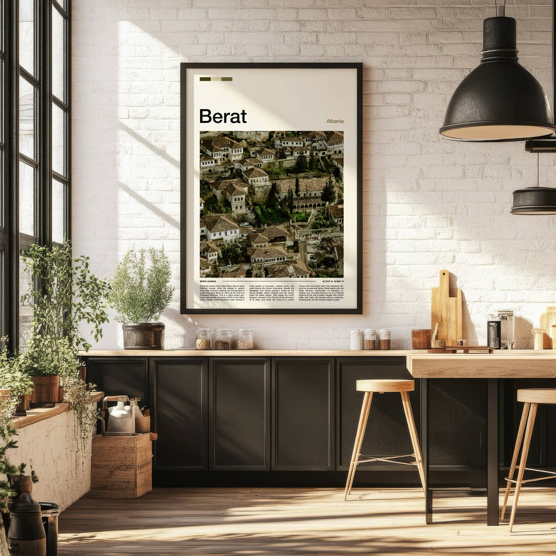 Berat Ottoman Rooftops View Travel Print framed on the wall of a bright kitchen and dining space