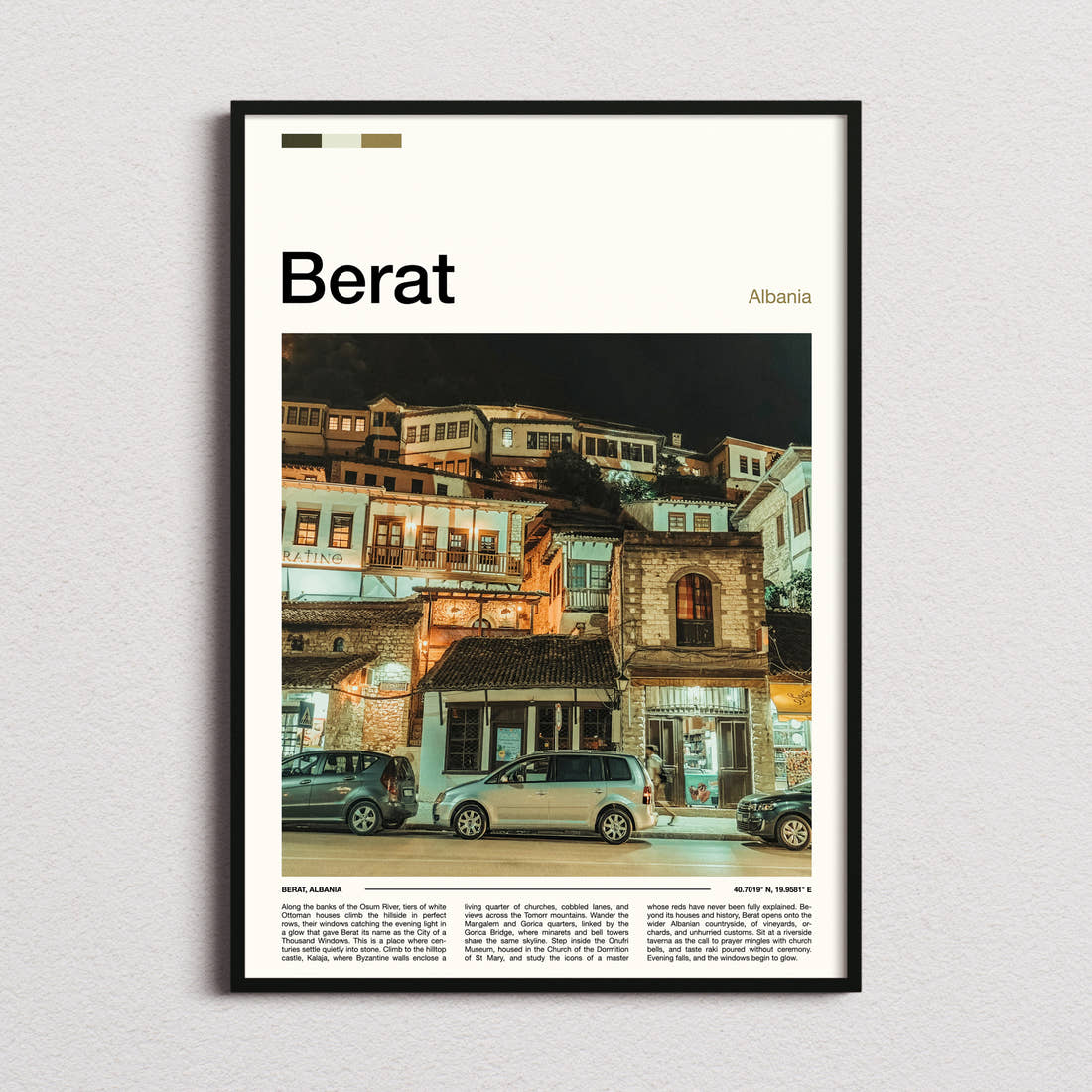 Berat Old Town By Night Travel Print framed and photographed straight on