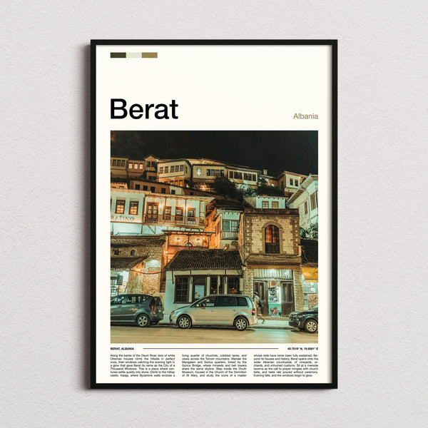 Berat Old Town By Night Travel Print framed and photographed straight on