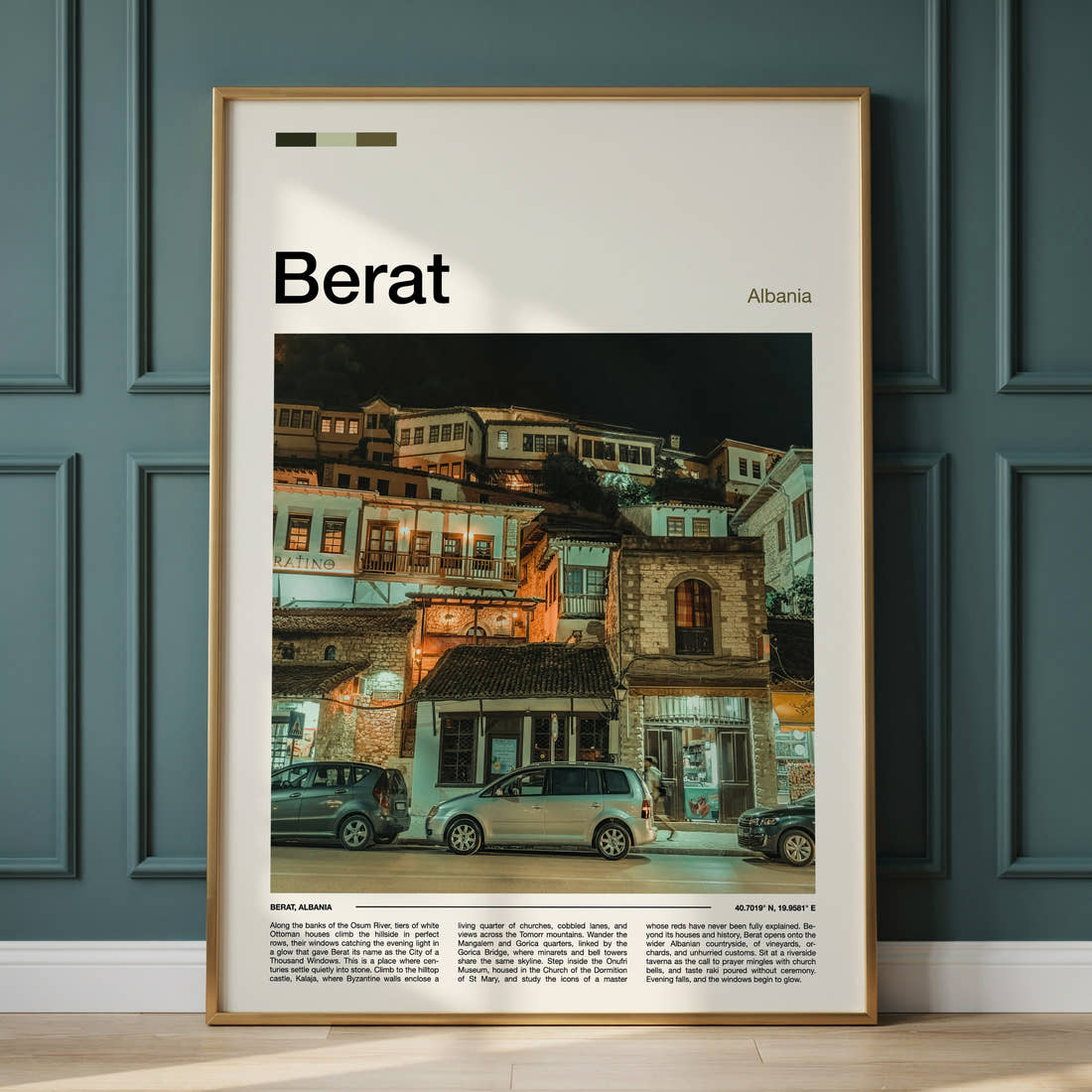 Berat Old Town By Night Travel Print framed on the wall of a calm, neutral bedroom