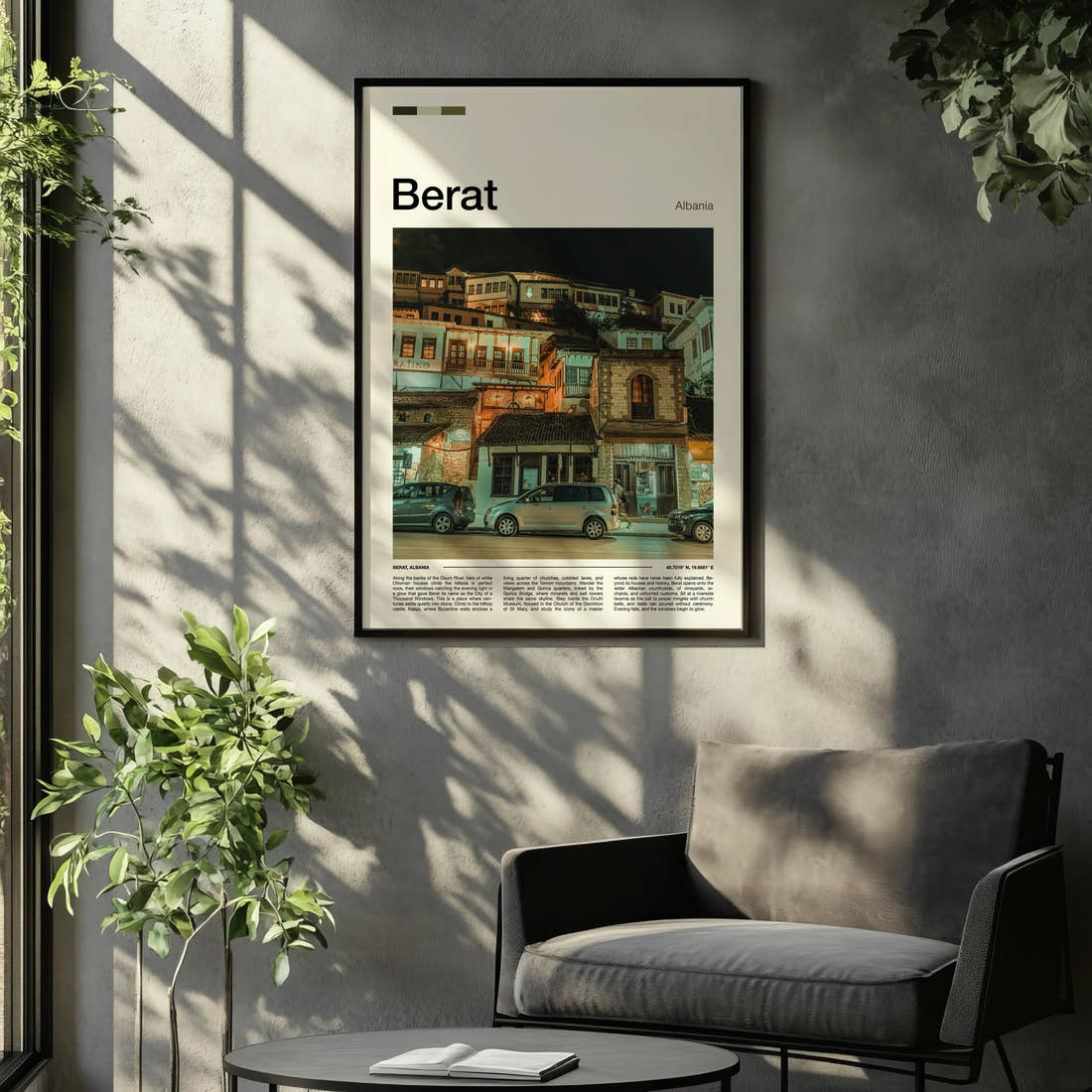 Berat Old Town By Night Travel Print framed on the wall of a relaxed living room