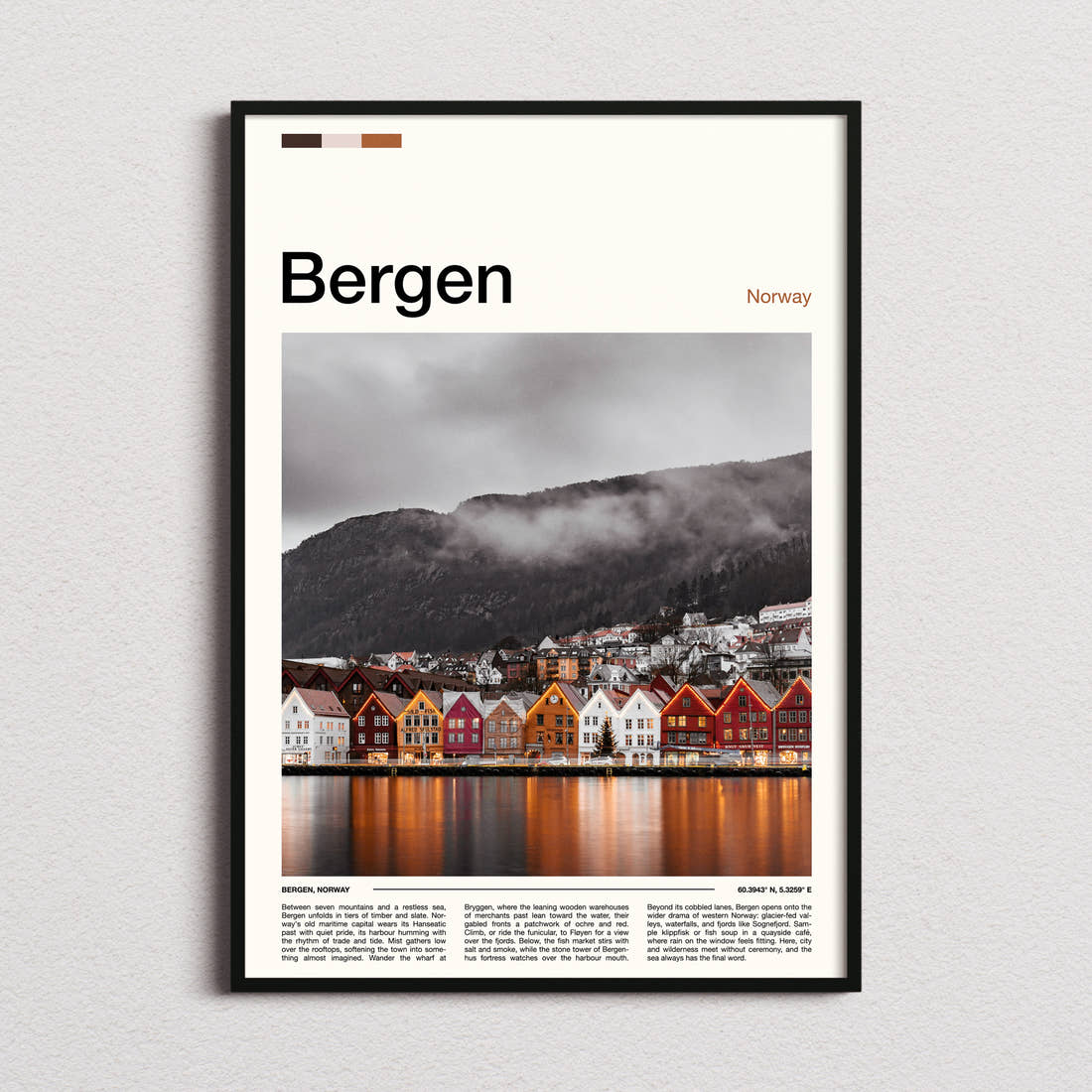 Bergen Bryggen Harbour Reflections Travel Print framed and photographed straight on