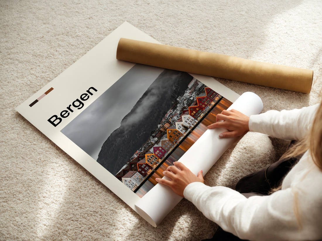 Bergen Bryggen Harbour Reflections Travel Print being unrolled from its postal tube