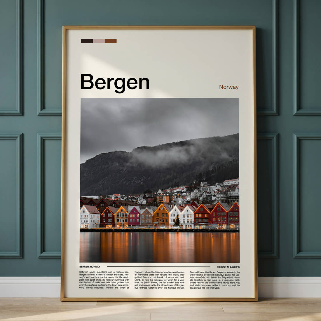 Bergen Bryggen Harbour Reflections Travel Print framed on the wall of a calm, neutral bedroom