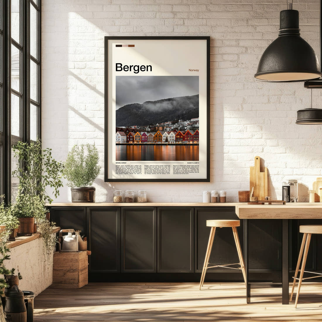 Bergen Bryggen Harbour Reflections Travel Print framed on the wall of a bright kitchen and dining space