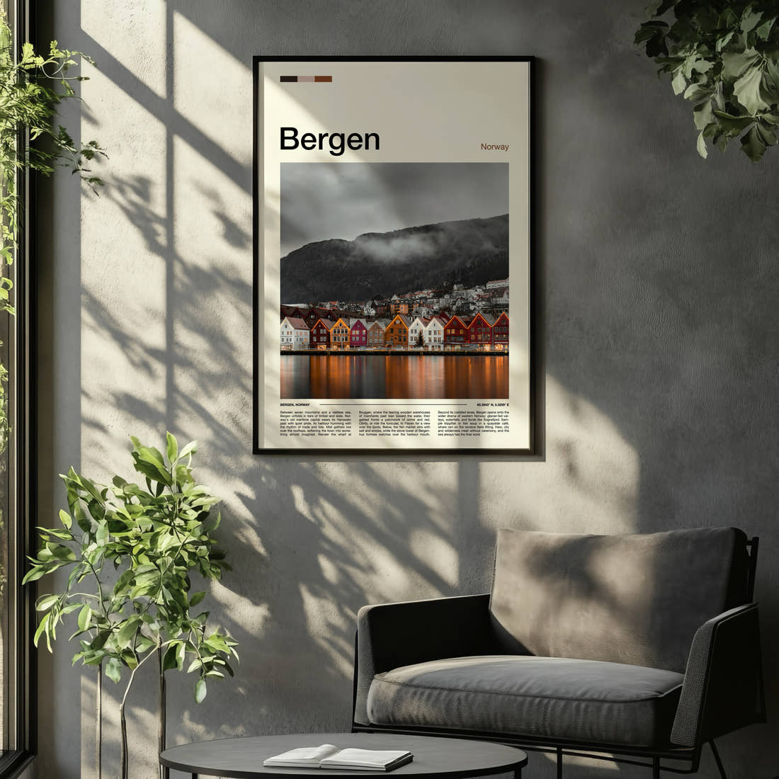 Bergen Bryggen Harbour Reflections Travel Print framed on the wall of a relaxed living room