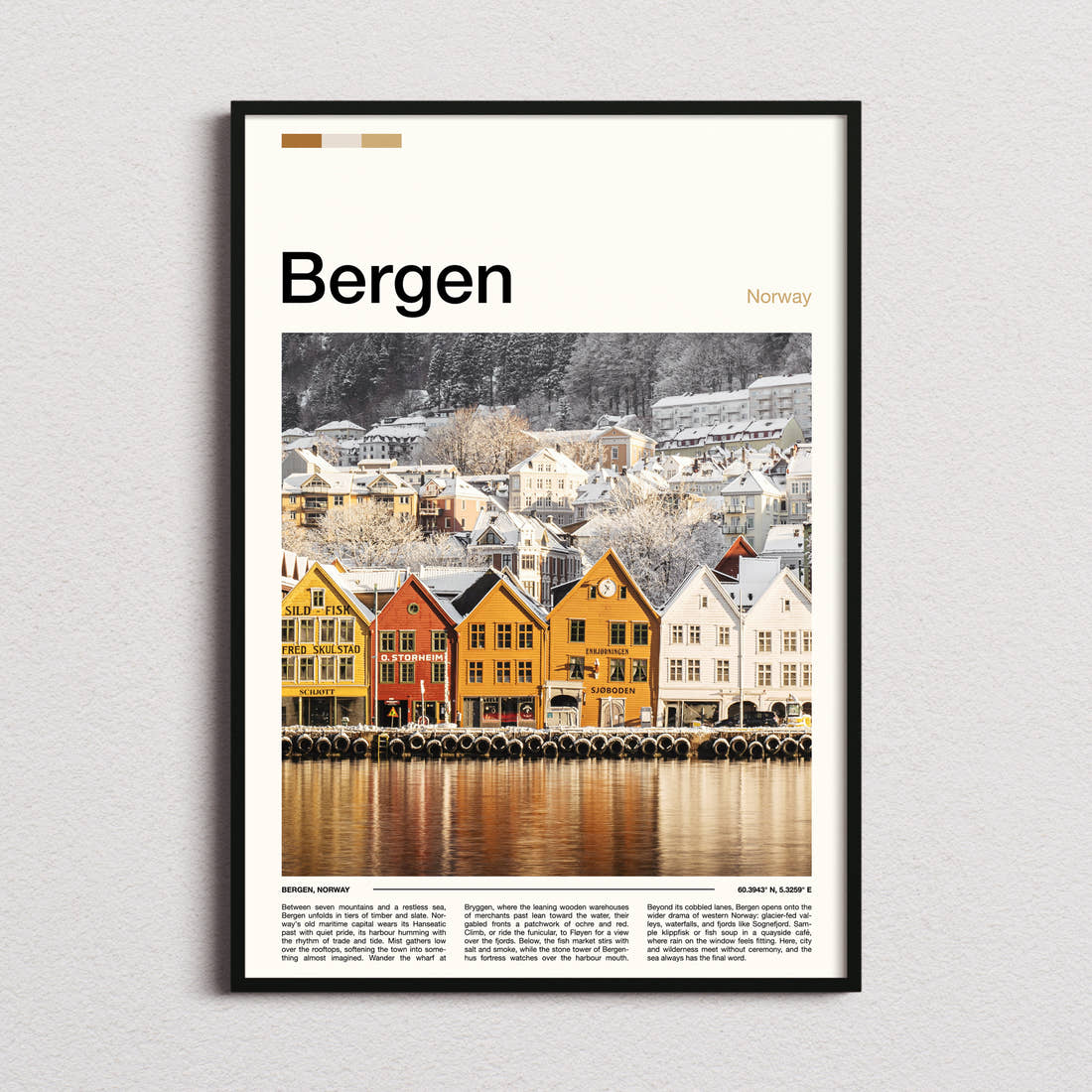 Bergen Snowy Bryggen Wharf Travel Print framed and photographed straight on