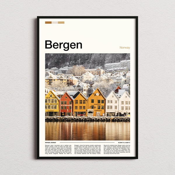 Bergen Snowy Bryggen Wharf Travel Print framed and photographed straight on