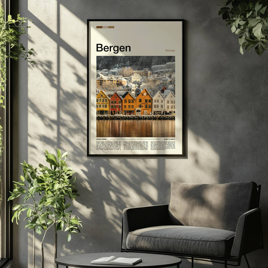 Bergen Snowy Bryggen Wharf Travel Print framed on the wall of a relaxed living room